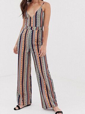 PARISIAN TALL Geo Print/Striped Spaghetti Strap Wide‎ Leg Jumpsuit Wmn's Size 6T